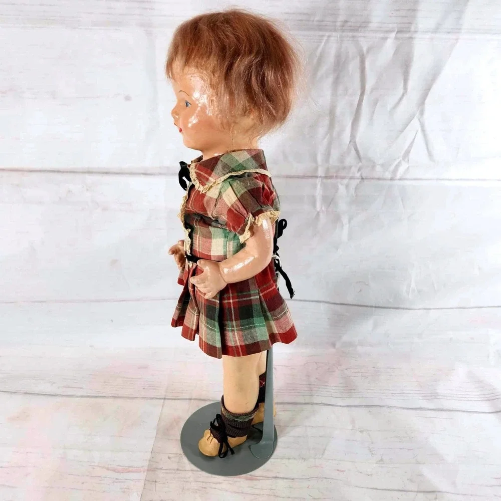 Vintage Composition Doll 1920s 17 Inch Plaid‎ Dress
